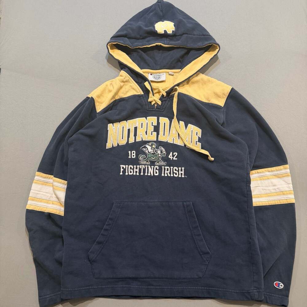 Champion Notre Dame Fighting Irish Navy Blue Gold Hoodie Sweatshirt Size M